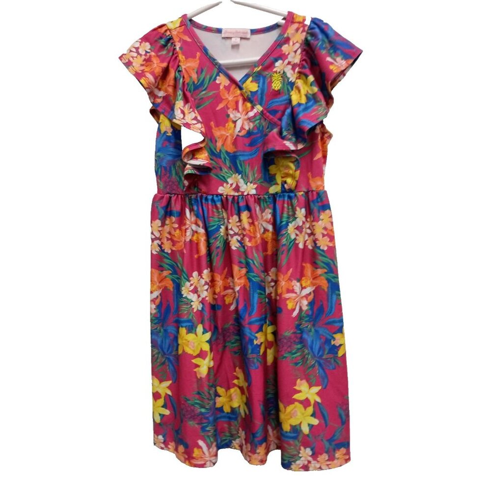Tommy Bahama Girls Sundress Size 6 Pink‎ Tropical Floral Flutter Sleeve Casual